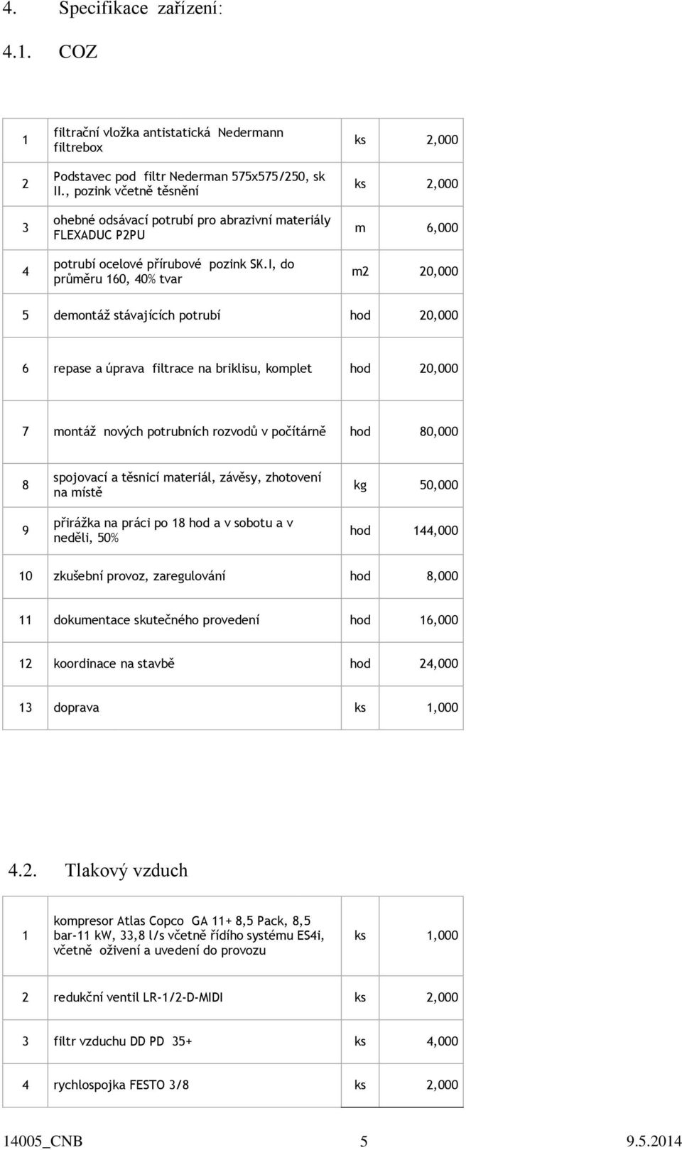 I, do průměru 160, 40% tvar ks 2,000 ks 2,000 m 6,000 m2 20,000 5 demontáž stávajících potrubí hod 20,000 6 repase a úprava filtrace na briklisu, komplet hod 20,000 7 montáž nových potrubních rozvodů