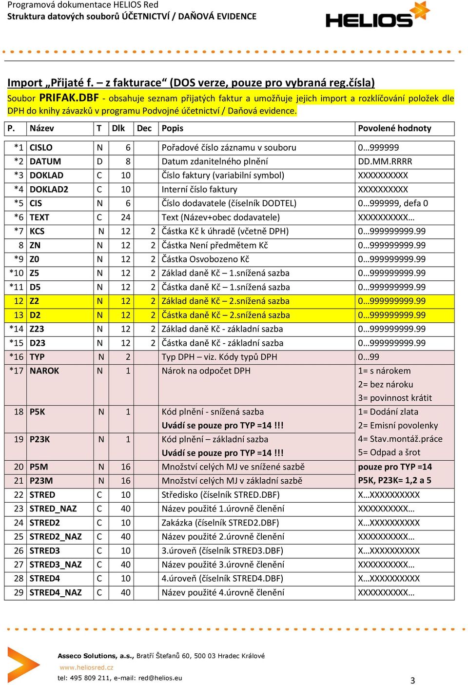dvojné účetnictví / Daňová evidence. P. Název T Dlk Dec Popis Povolené hodnoty *1 CISLO N 6 Pořadové číslo záznamu v souboru 0 999999 *2 DATUM D 8 Datum zdanitelného plnění DD.MM.