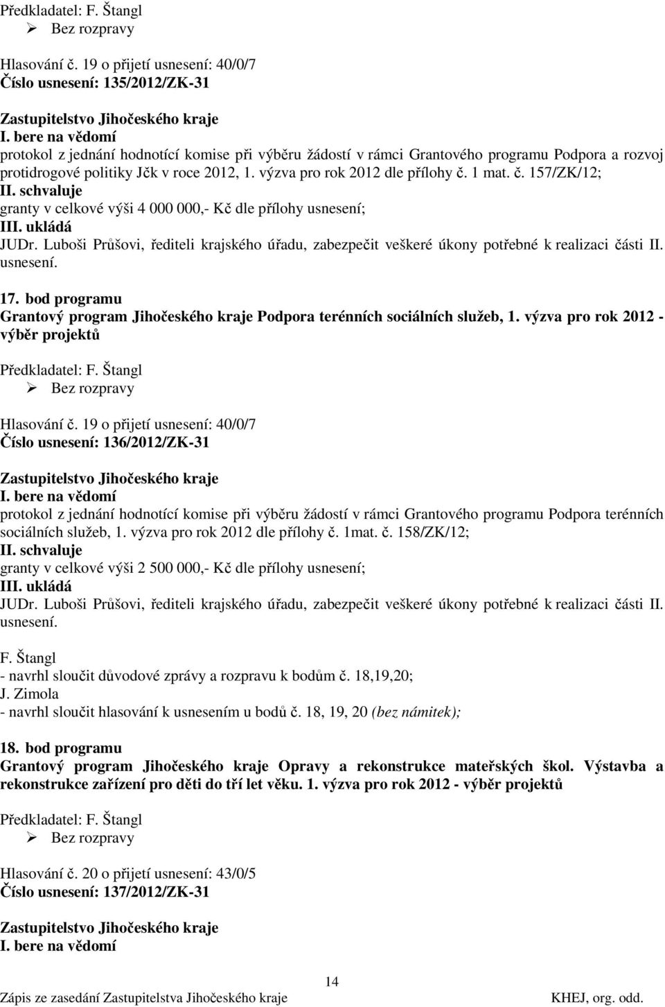 1. výzva pro rok 2012 dle přílohy č. 1 mat. č. 157/ZK/12; granty v celkové výši 4 000 000,- Kč dle přílohy usnesení; 17.