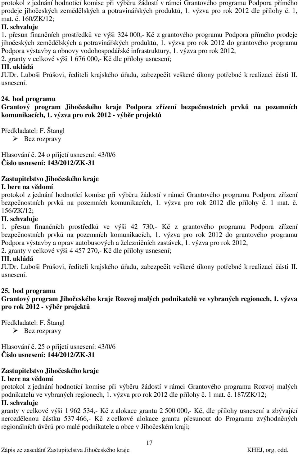 výzva pro rok 2012 do grantového programu Podpora výstavby a obnovy vodohospodářské infrastruktury, 1. výzva pro rok 2012, 2. granty v celkové výši 1 676 000,- Kč dle přílohy usnesení; 24.