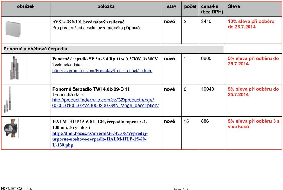 Technická data: http://cz.grundfos.com/produkty/find-product/sp.html nové 1 8800 5% sleva při odběru do 25.7.2014 Ponorné čerpadlo TWI 4.02-09-B 1f" Technická data:!