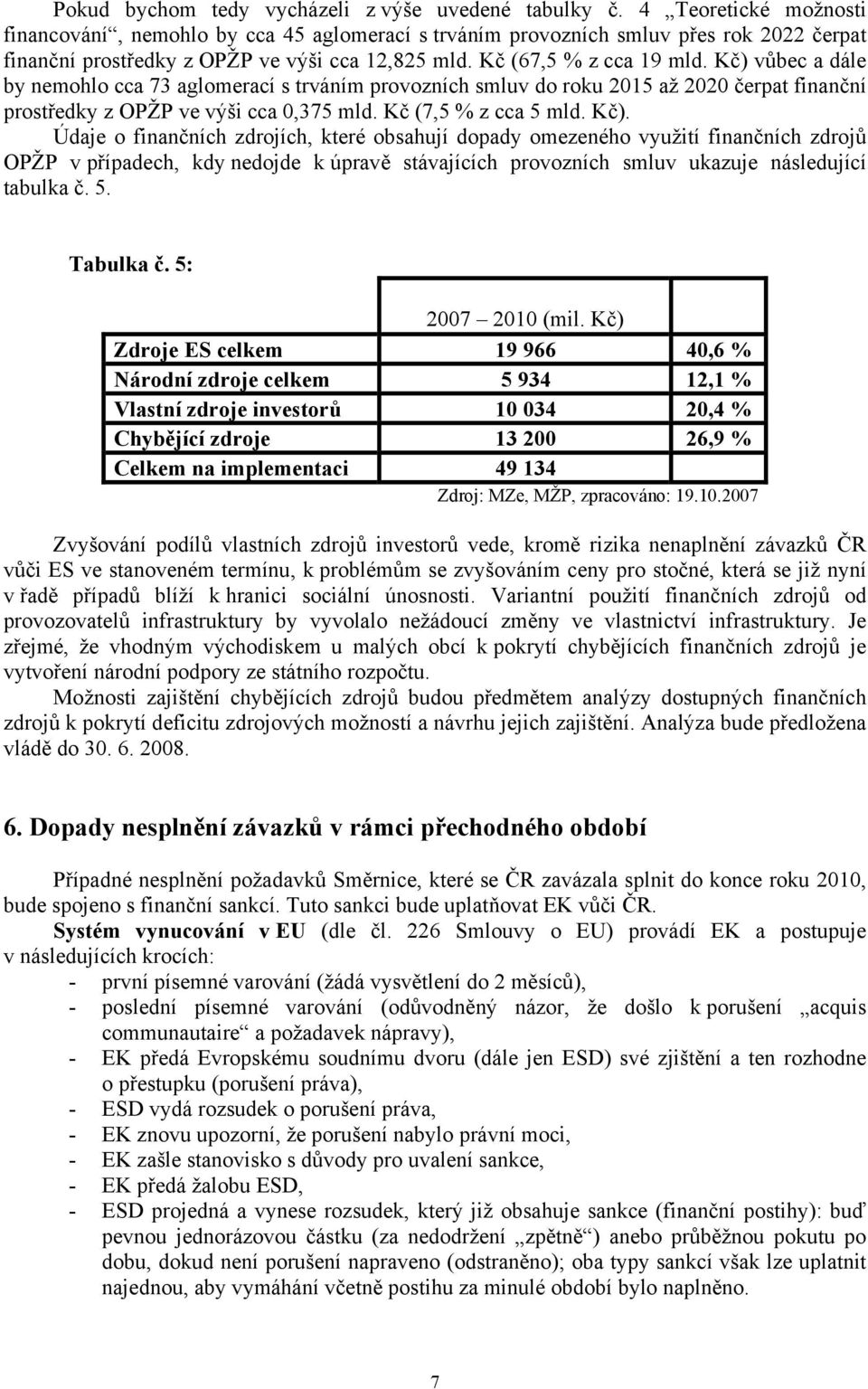 Kč) vůbec a dále by nemohlo cca 73 aglomerací s trváním provozních smluv do roku 2015 až 2020 čerpat finanční prostředky z OPŽP ve výši cca 0,375 mld. Kč (7,5 % z cca 5 mld. Kč).