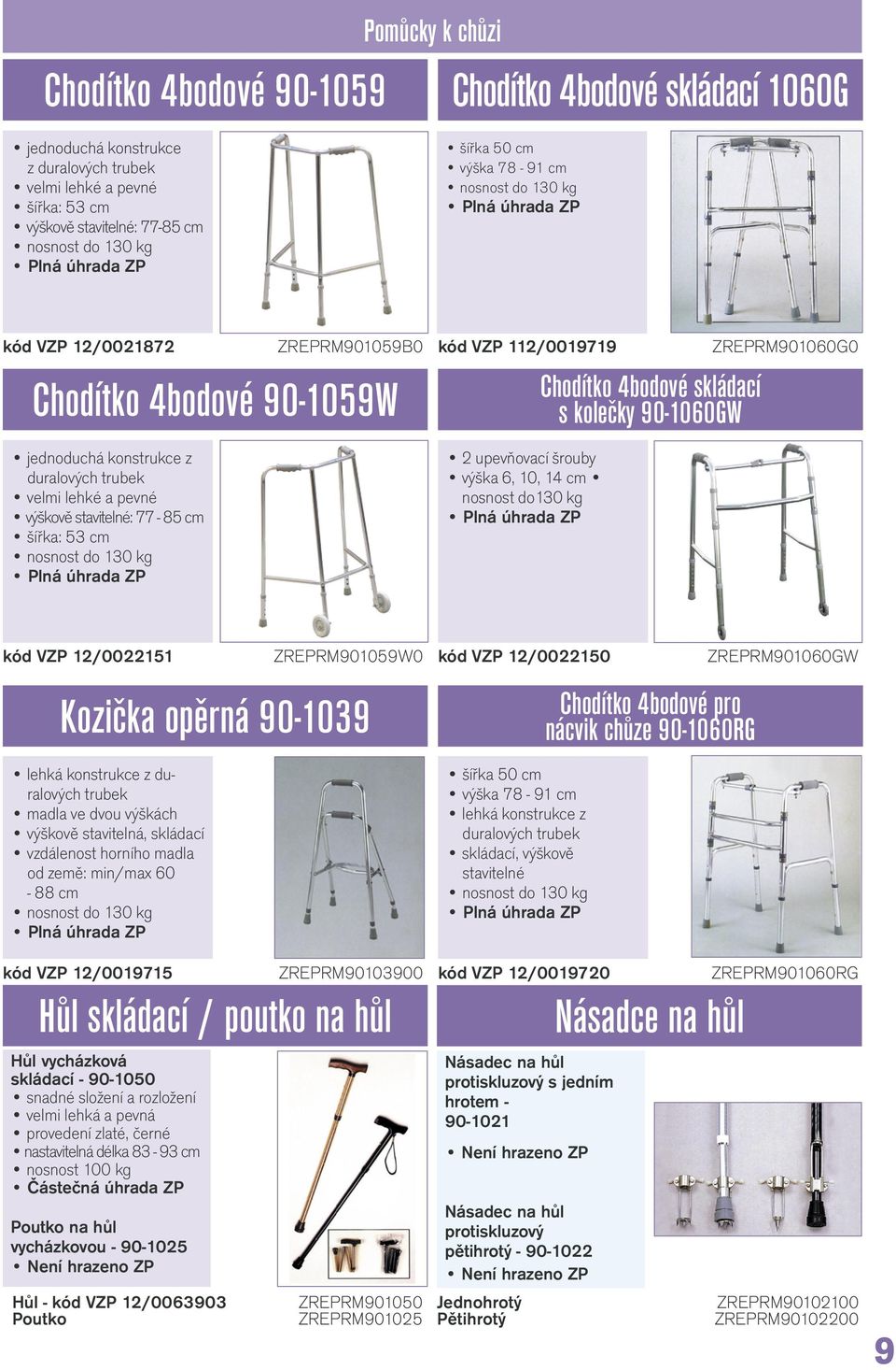 nosnost do 130 kg ZREPRM901059B0 kód VZP 112/0019719 2 upevňovací šrouby výška 6, 10, 14 cm nosnost do130 kg Chodítko 4bodové skládací s kolečky 90-1060GW ZREPRM901060G0 kód VZP 12/0022151 kód VZP