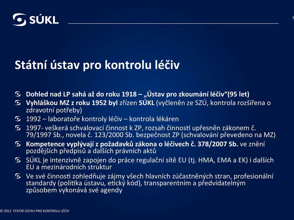 1997- veškerá schvalovací činnost k ZP, rozsah činnosz upřesněn zákonem č. 79/1997 Sb., novela č. 123/2000 Sb. bezpečnost ZP (schvalování převedeno na MZ)!