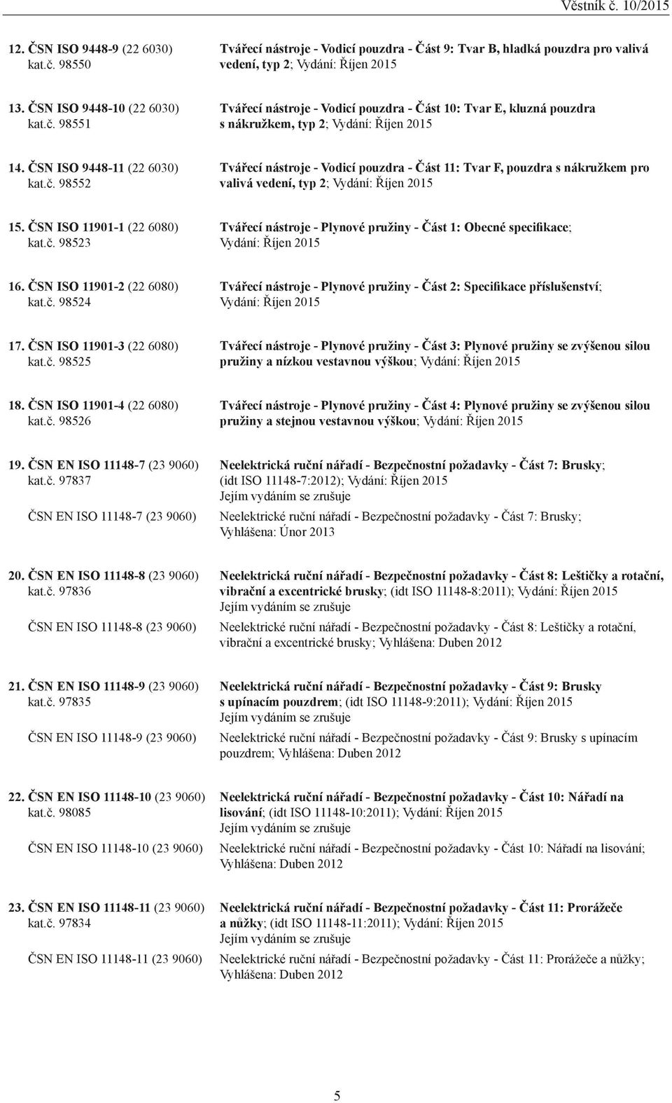 ČSN ISO 11901-2 (22 6080) kat.č. 98524 Tvářecí nástroje - Plynové pružiny - Část 2: Specifikace příslušenství; Vydání: Říjen 2015 17. ČSN ISO 11901-3 (22 6080) kat.č. 98525 Tvářecí nástroje - Plynové pružiny - Část 3: Plynové pružiny se zvýšenou silou pružiny a nízkou vestavnou výškou; Vydání: Říjen 2015 18.
