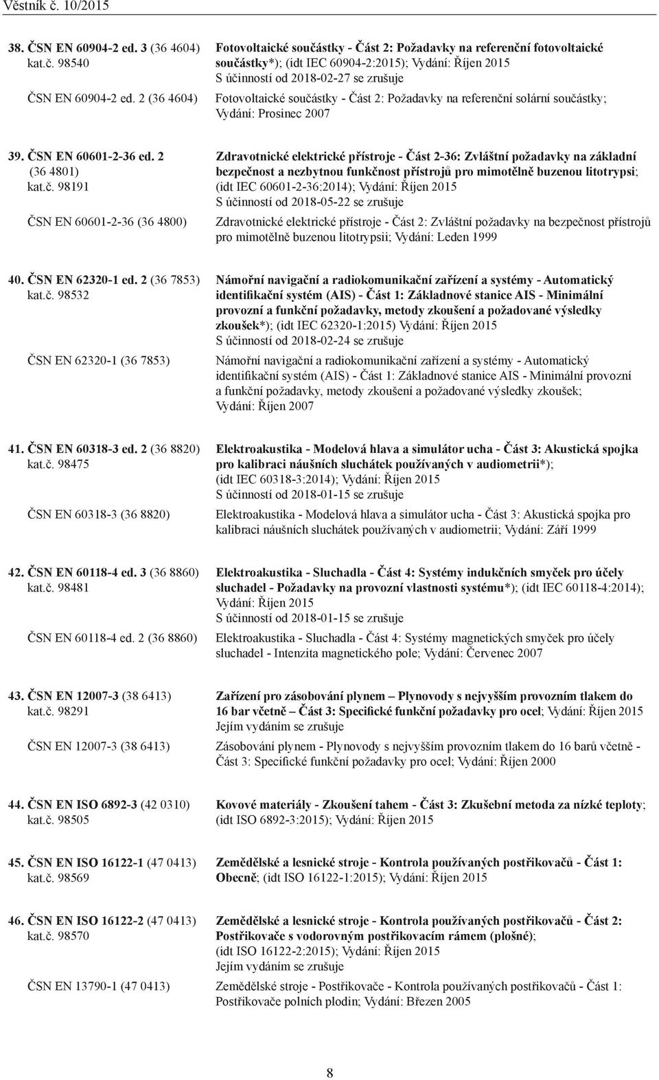 součástky - Část 2: Požadavky na referenční solární součástky; Vydání: Prosinec 2007 39. ČSN EN 60601-2-36 ed. 2 (36 4801) kat.č. 98191 ČSN EN 60601-2-36 (36 4800) Zdravotnické elektrické přístroje -
