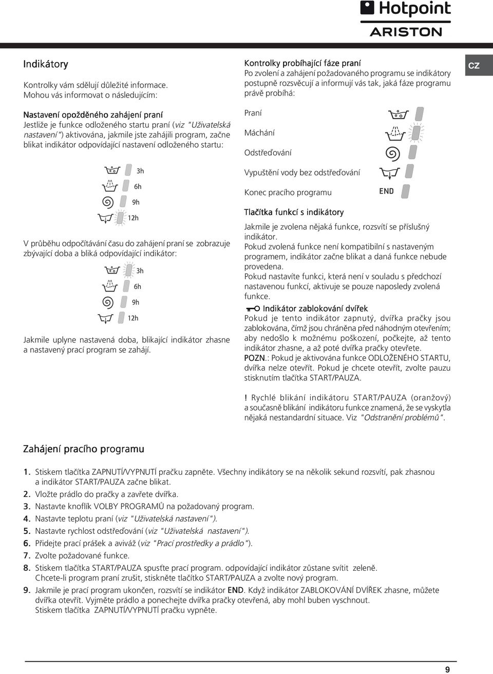 blikat indikátor odpovídající nastavení odloženého startu: V průběhu odpočítávání času do zahájení praní se zobrazuje zbývající doba a bliká odpovídající indikátor: Jakmile uplyne nastavená doba,