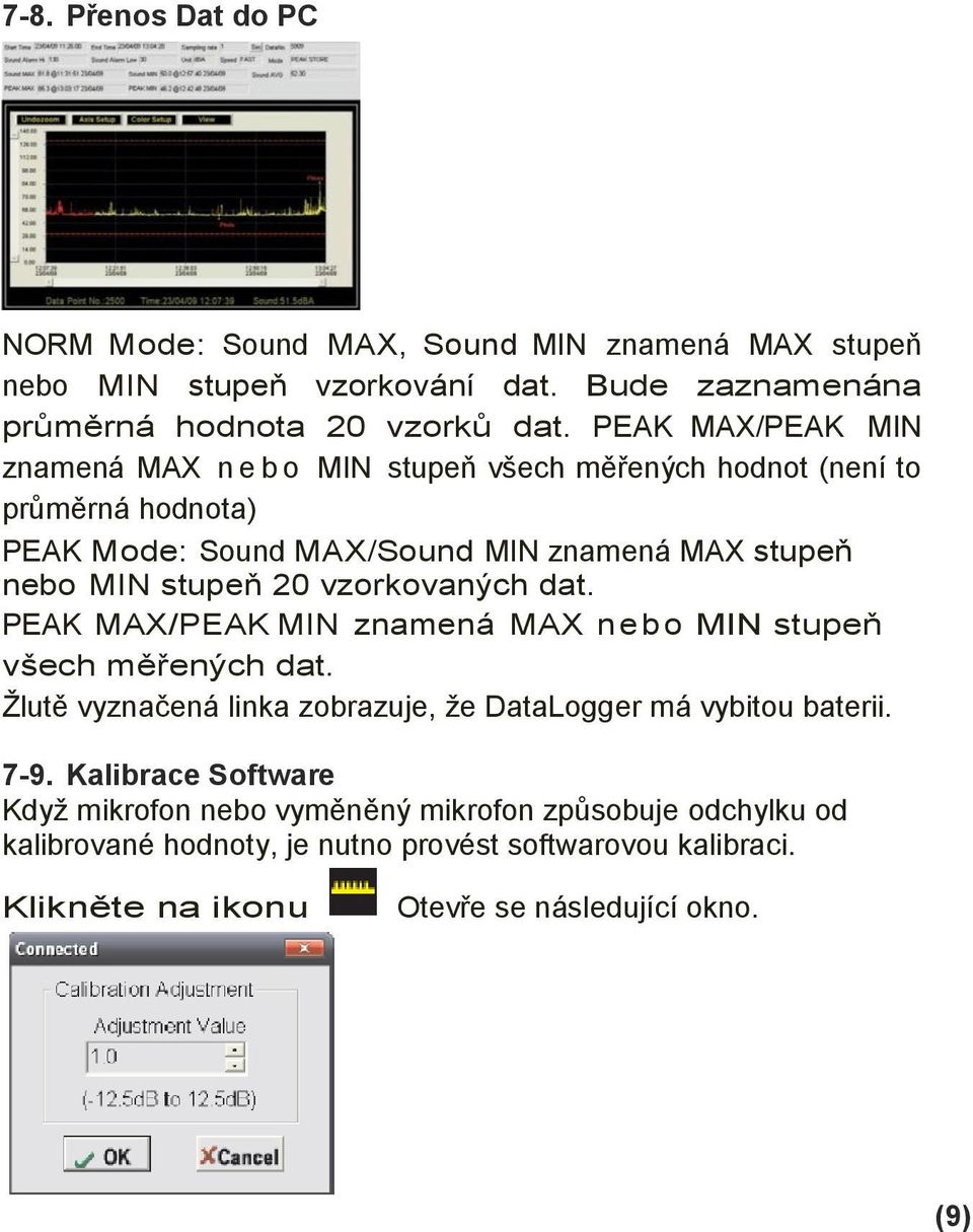vzorkovaných dat. PEAK MAX/PEAK MIN znamená MAX nebo MIN stupeň všech měřených dat. Žlutě vyznačená linka zobrazuje, že DataLogger má vybitou baterii. 7-9.
