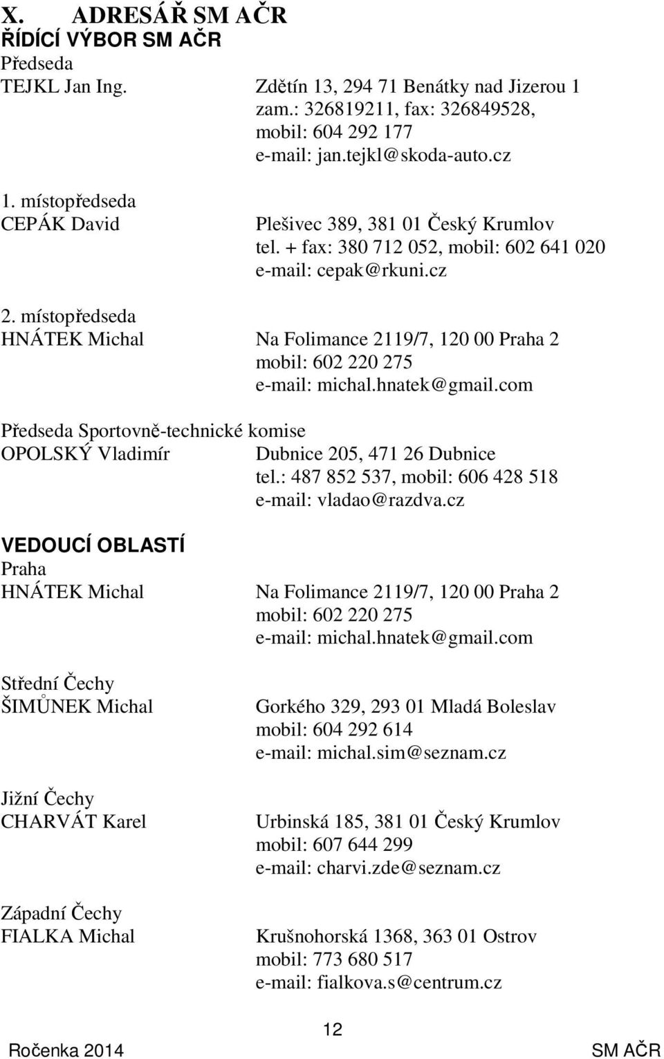 místopředseda HNÁTEK Michal Na Folimance 2119/7, 120 00 Praha 2 mobil: 602 220 275 e-mail: michal.hnatek@gmail.com Předseda Sportovně-technické komise OPOLSKÝ Vladimír Dubnice 205, 471 26 Dubnice tel.