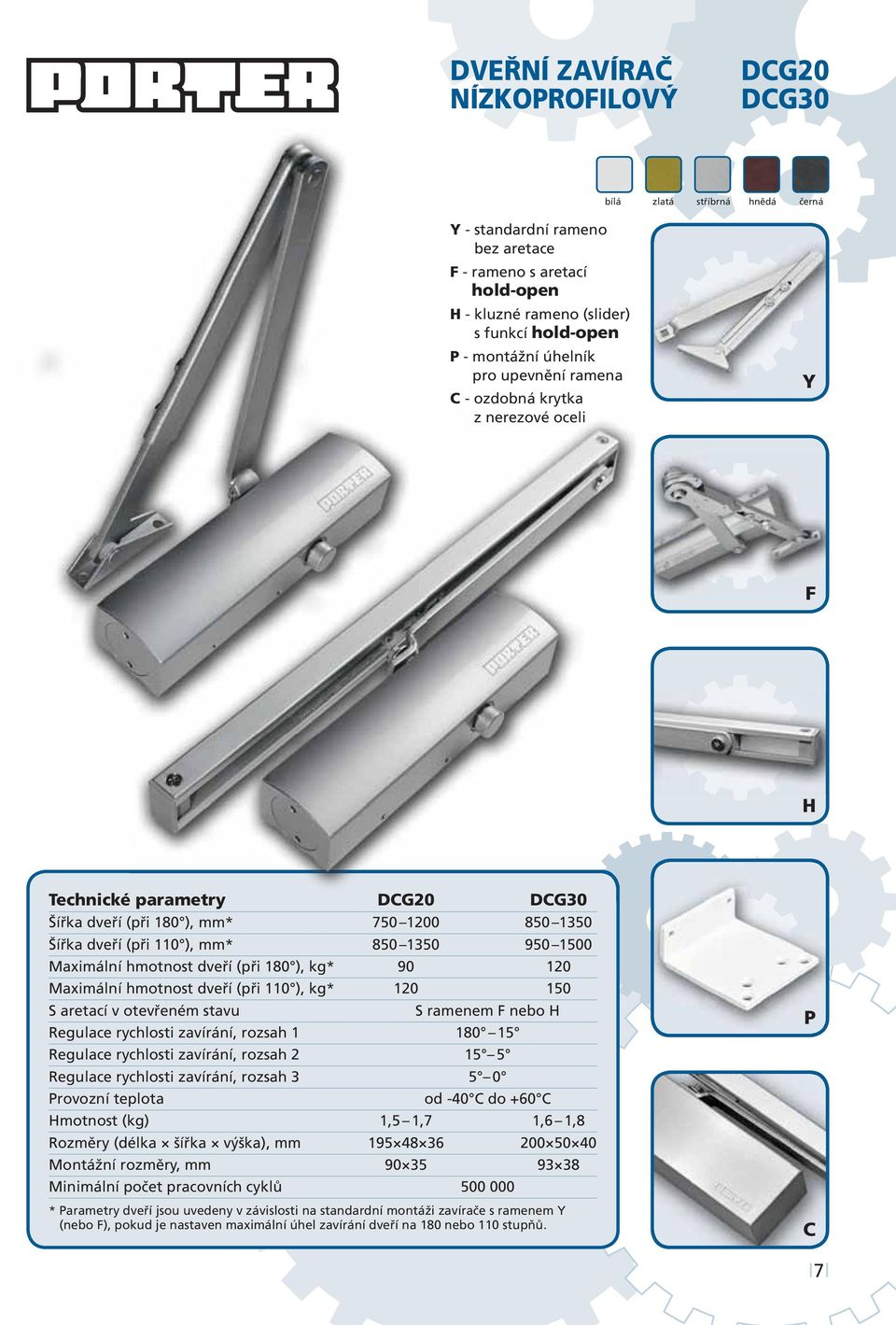 Maximální hmotnost dveří (při 180 ), kg* 90 120 Maximální hmotnost dveří (při 110 ), kg* 120 150 S aretací v otevřeném stavu S ramenem F nebo H Regulace rychlosti zavírání, rozsah 1 180 15 Regulace