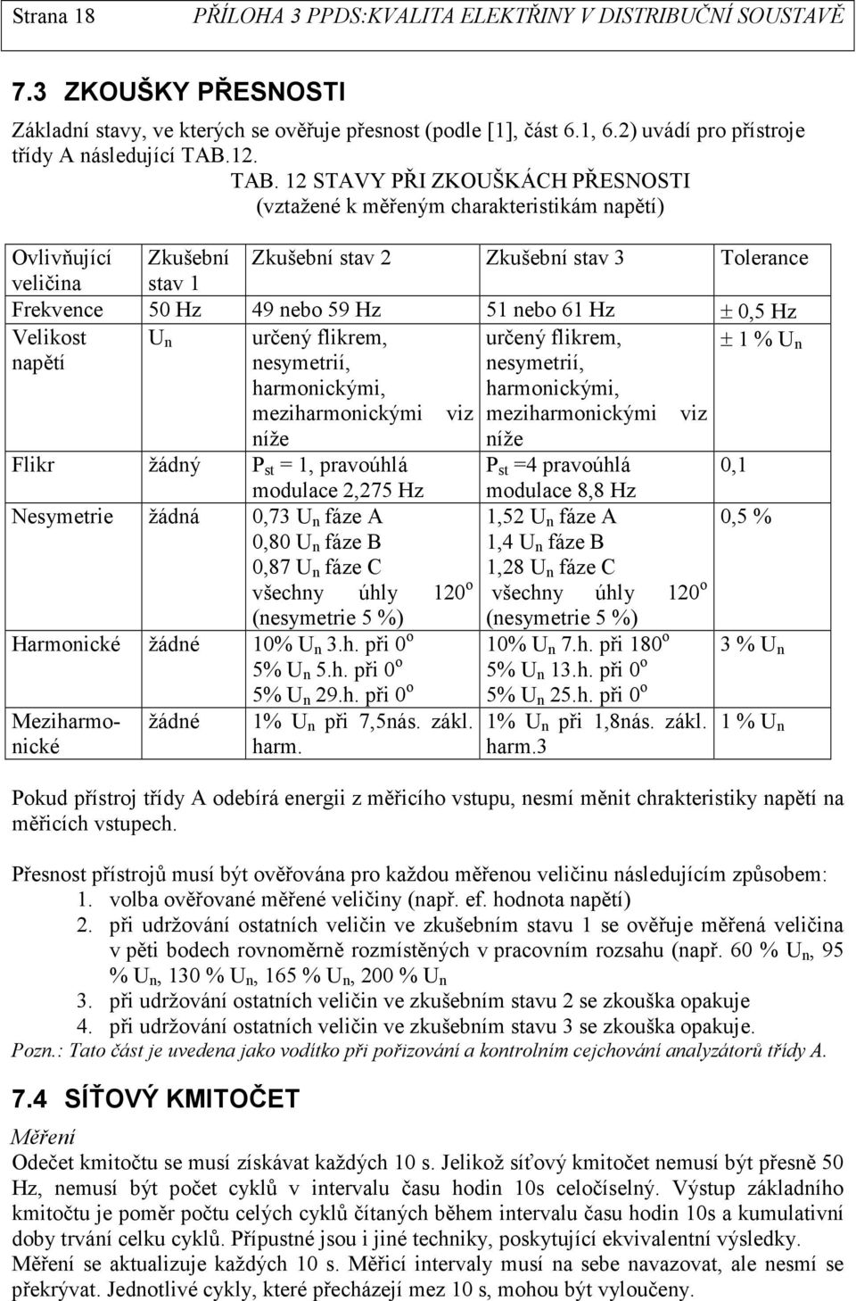 12 STAVY PŘI ZKOUŠKÁCH PŘESNOSTI (vztažené k měřeným charakteristikám napětí) Ovlivňující Zkušební Zkušební stav 2 Zkušební stav 3 Tolerance veličina stav 1 Frekvence 50 Hz 49 nebo 59 Hz 51 nebo 61