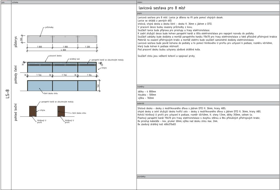 Součástí lavice bude příprava pro prostupy a trasy elektroinstalace. K zadní ztužující desce bude kotven parapetní kanál a lišta elektroinstalace pro napojení rozvodu do podlahy.