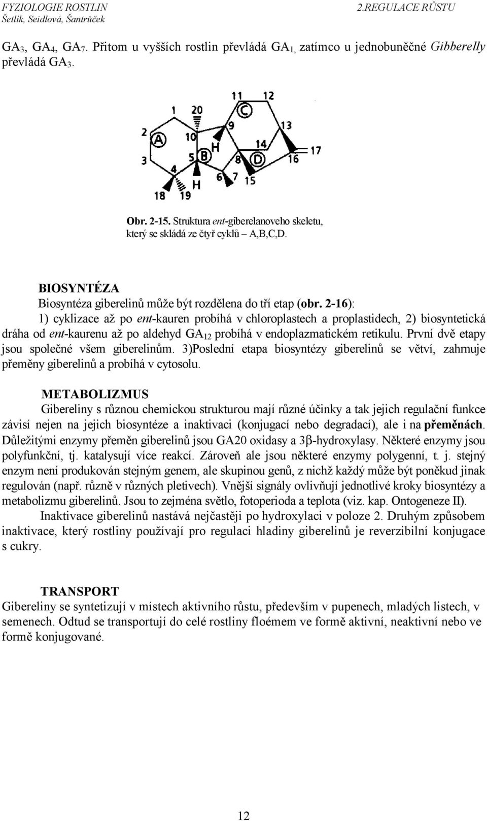 2-16): 1) cyklizace až po ent-kauren probíhá v chloroplastech a proplastidech, 2) biosyntetická dráha od ent-kaurenu až po aldehyd GA 12 probíhá v endoplazmatickém retikulu.