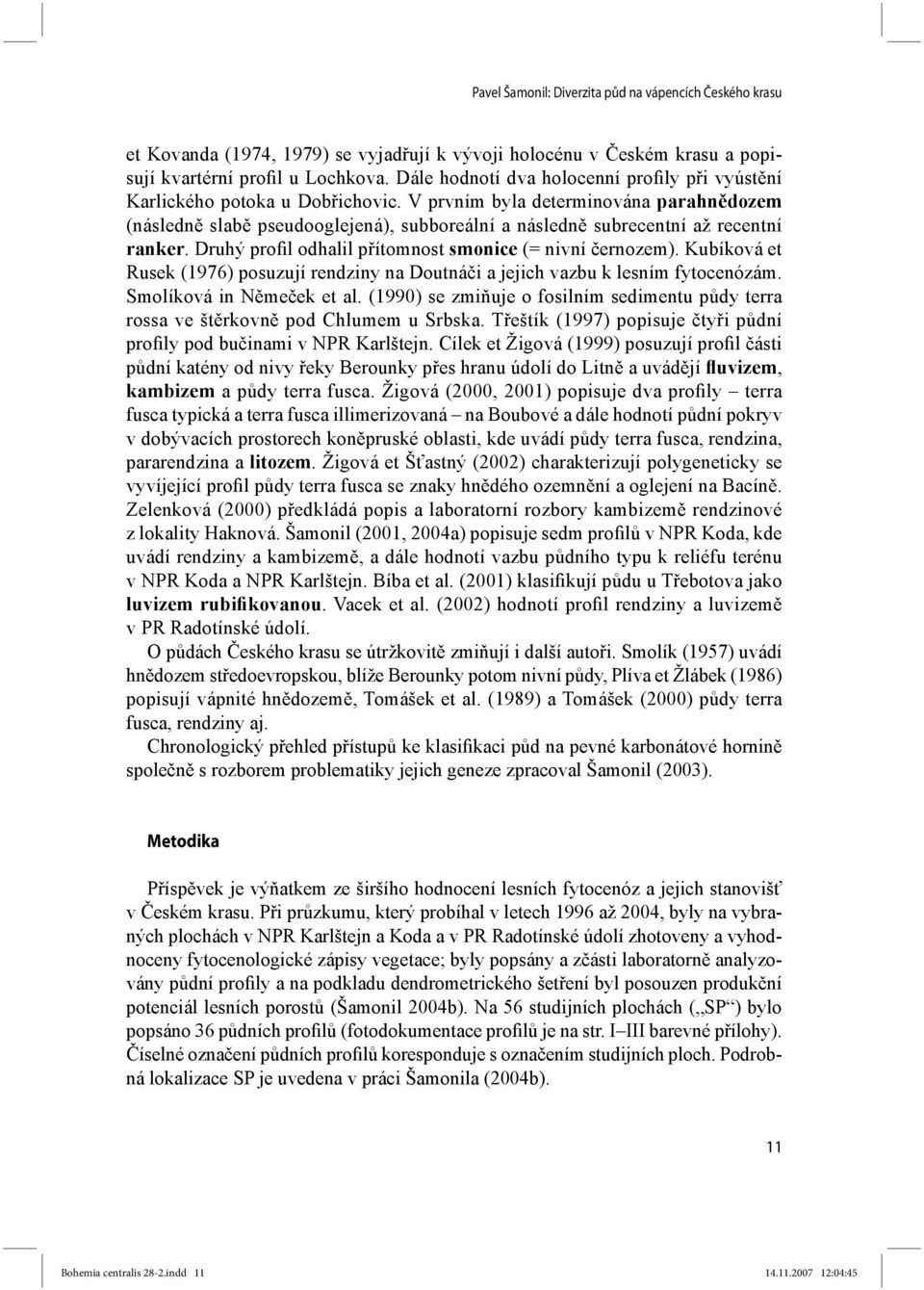 V prvním byla determinována parahnědozem (následně slabě pseudooglejená), subboreální a následně subrecentní až recentní ranker. Druhý profil odhalil přítomnost smonice (= nivní černozem).