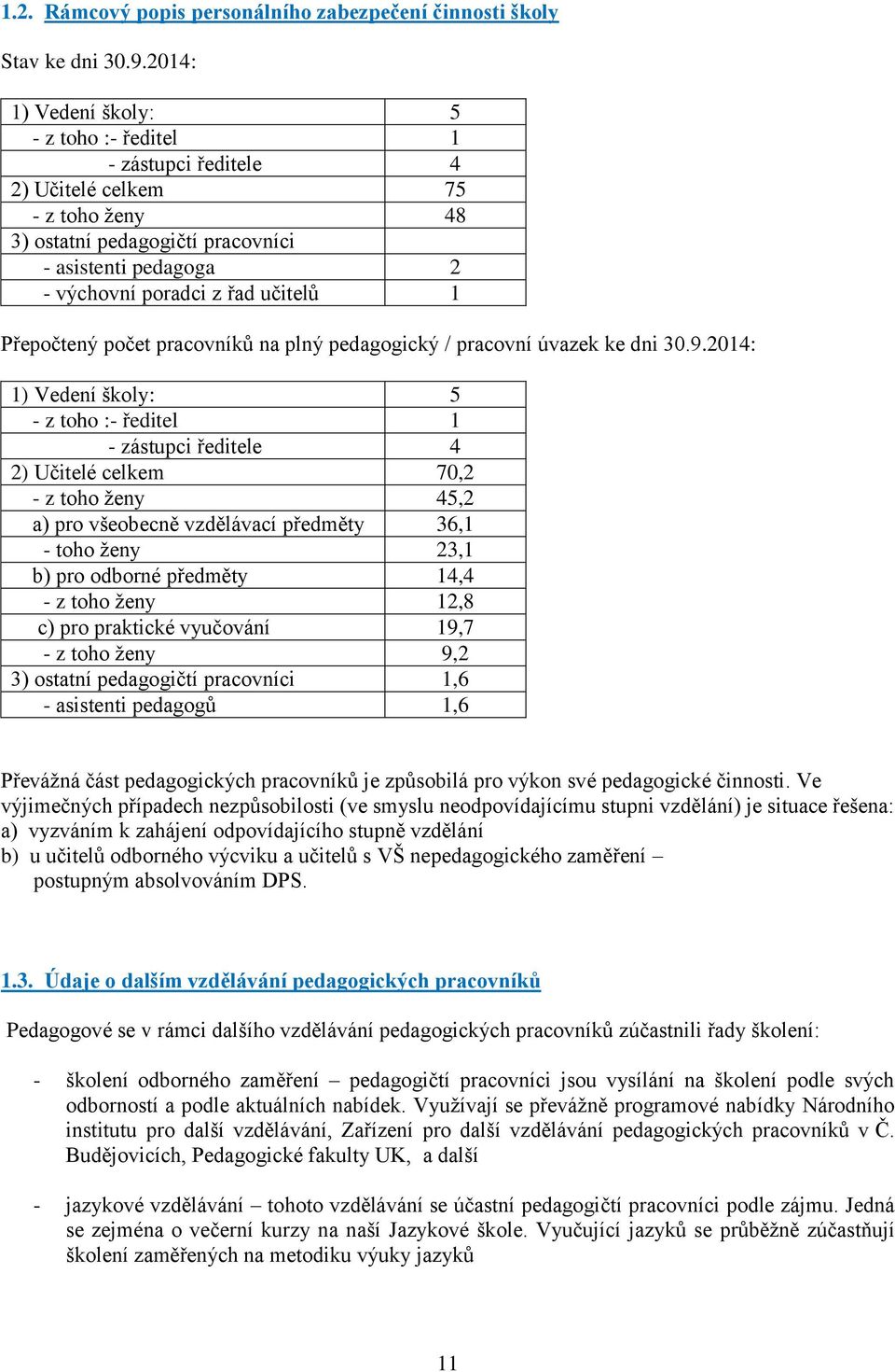 Přepočtený počet pracovníků na plný pedagogický / pracovní úvazek ke dni 30.9.