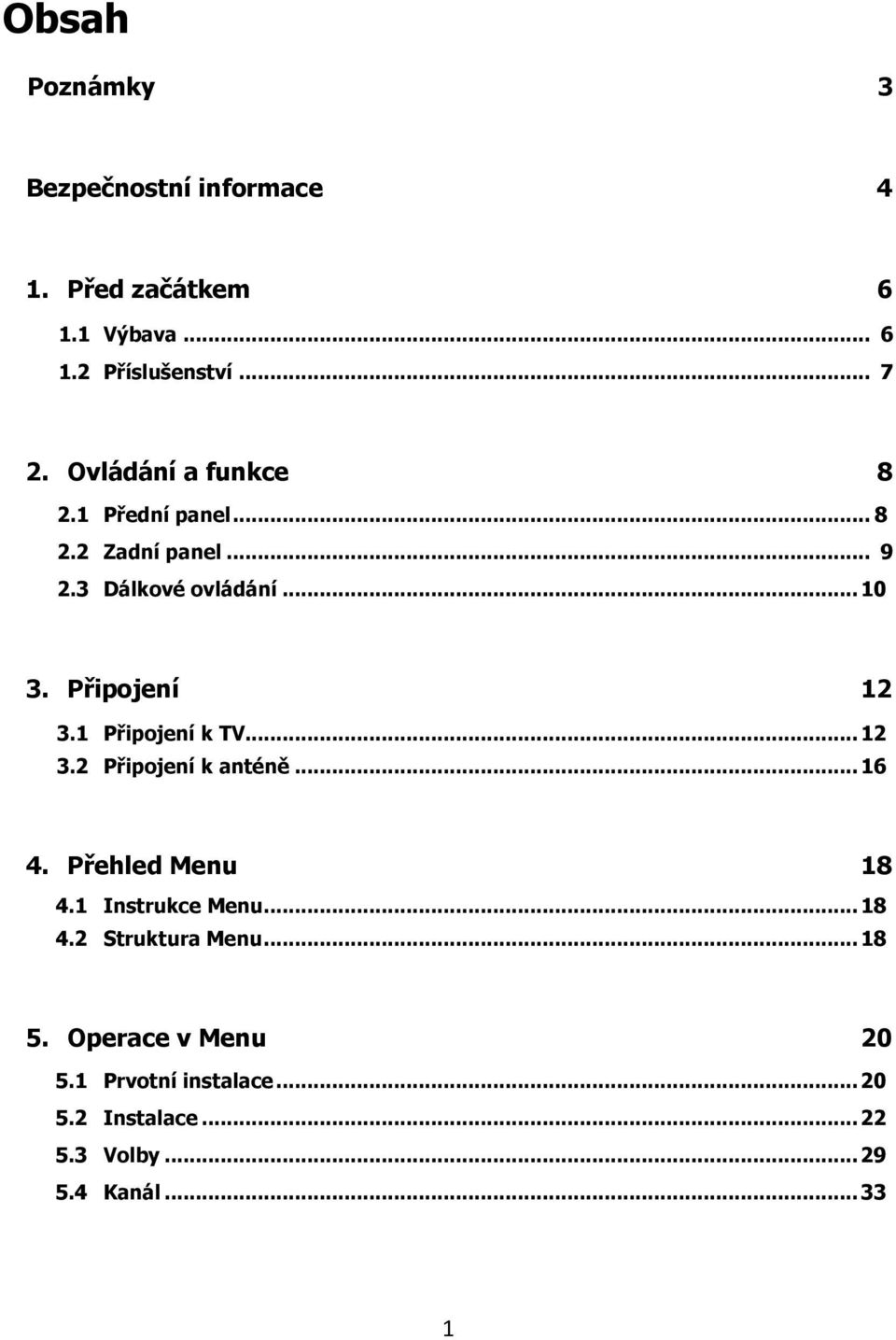 1 Připojení k TV... 12 3.2 Připojení k anténě... 16 4. Přehled Menu 18 4.1 Instrukce Menu... 18 4.2 Struktura Menu.