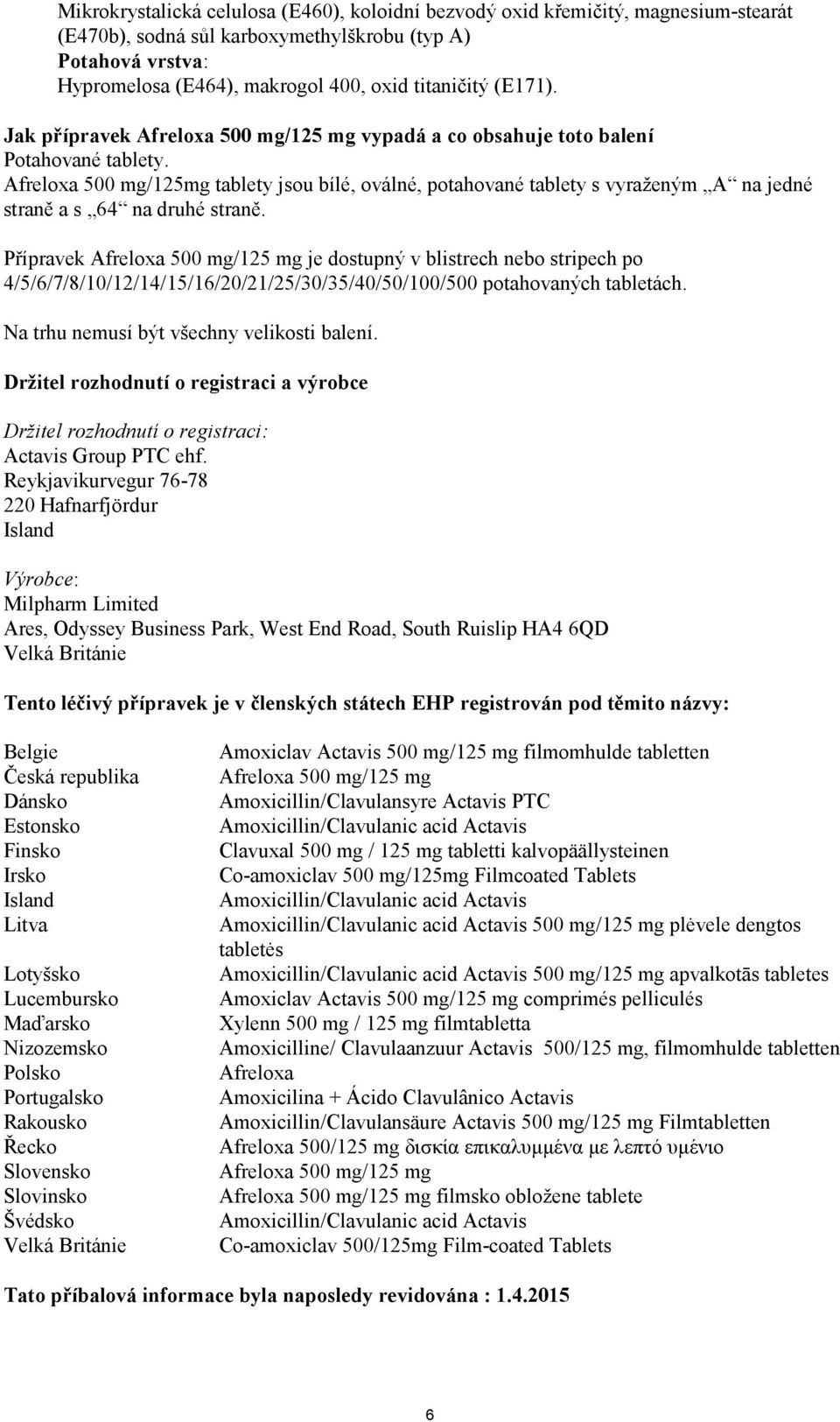 Afreloxa 500 mg/125mg tablety jsou bílé, oválné, potahované tablety s vyraženým A na jedné straně a s 64 na druhé straně.