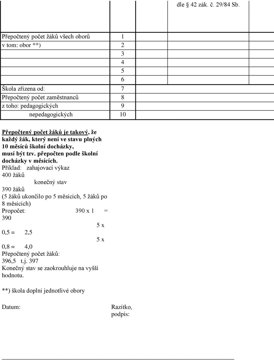 Přepočtený počet žáků je takový, že každý žák, který není ve stavu plných 10 měsíců školní docházky, musí být tzv. přepočten podle školní docházky v měsících.