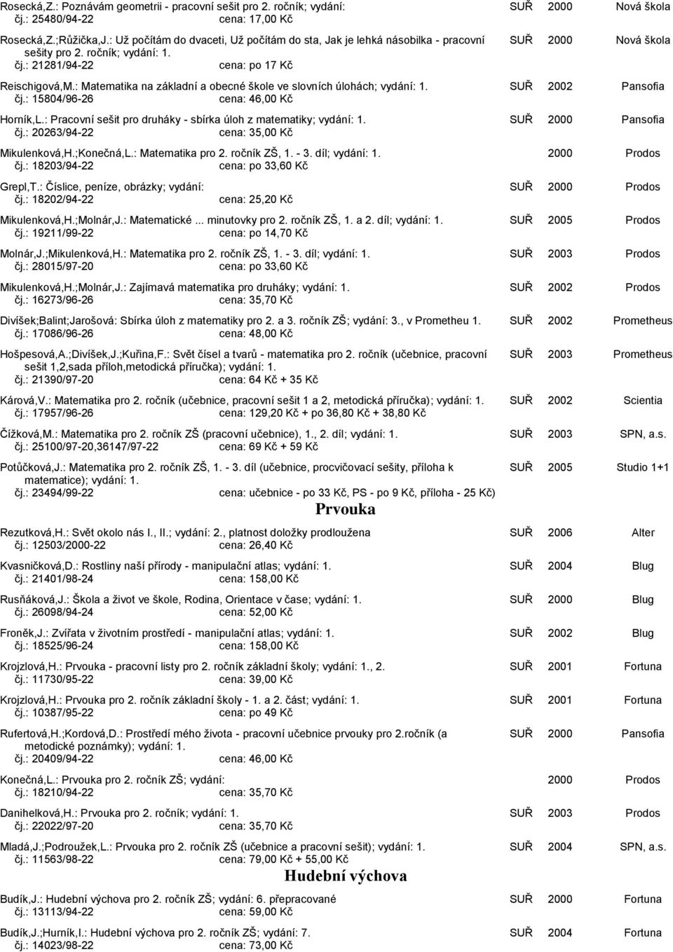 : Matematika na základní a obecné škole ve slovních úlohách; SUŘ 2002 Pansofia čj.: 15804/96-26 46,00 Kč Horník,L.: Pracovní sešit pro druháky - sbírka úloh z matematiky; SUŘ 2000 Pansofia čj.