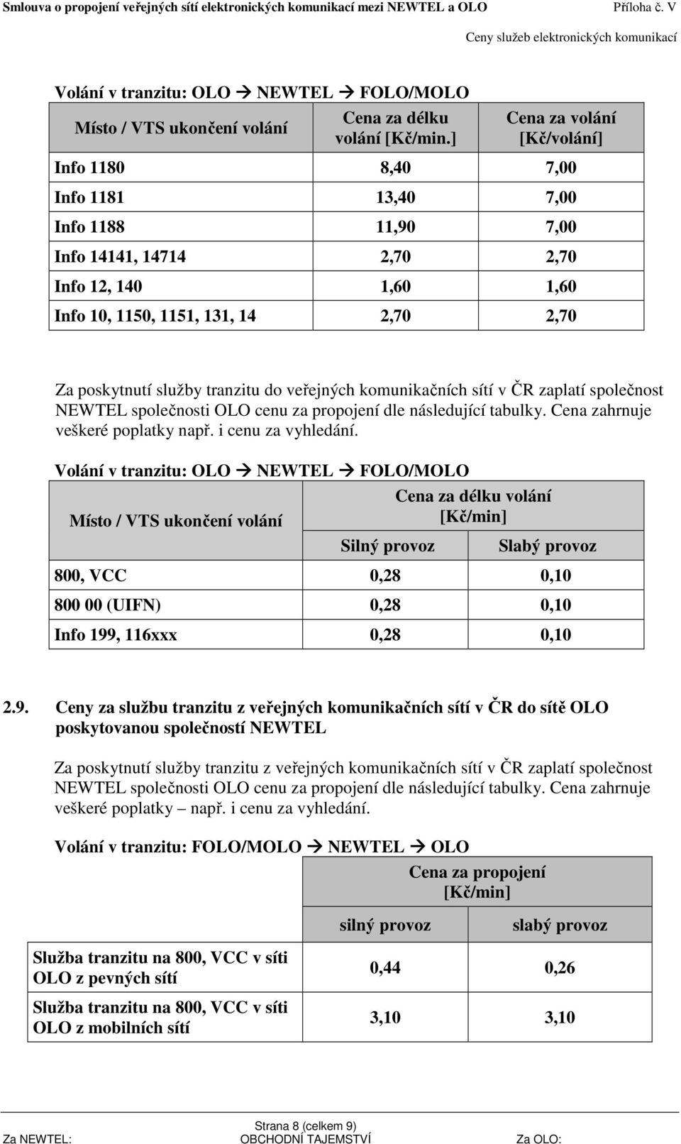 služby tranzitu do veřejných komunikačních sítí v ČR zaplatí společnost NEWTEL společnosti OLO cenu za propojení dle následující tabulky. Cena zahrnuje veškeré poplatky např. i cenu za vyhledání.