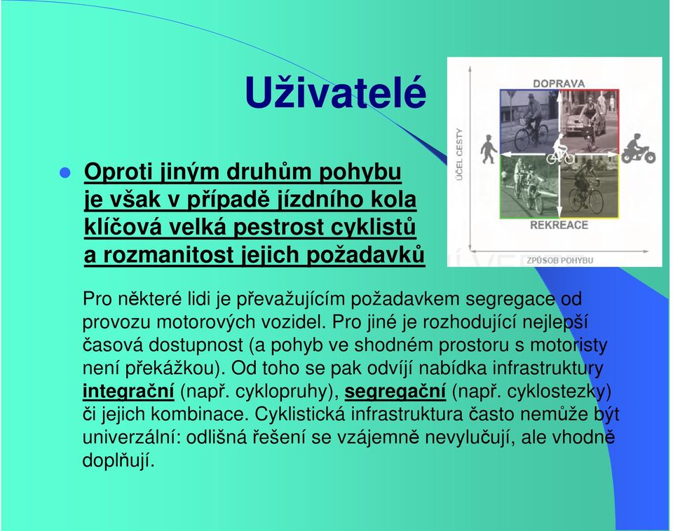 Pro jiné je rozhodující nejlepší časová dostupnost (a pohyb ve shodném prostoru s motoristy není překážkou).