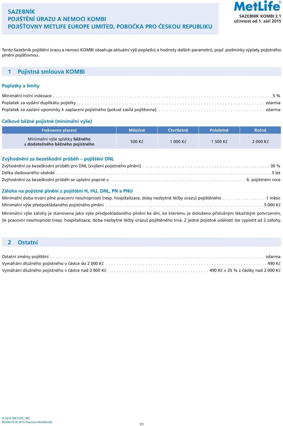 1 Pojistná smlouva KOMBI Poplatky a limity Minimální roční indexace................................................................................... 5 % Poplatek za vydání duplikátu pojistky.