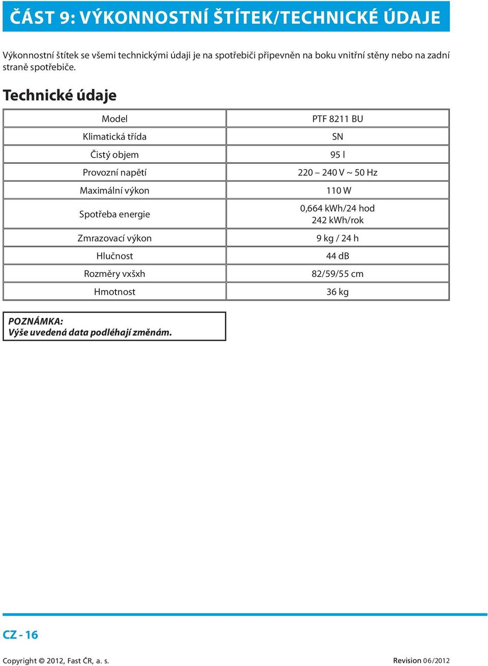 Technické údaje Model PTF 8211 BU Klimatická třída SN Čistý objem 95 l Provozní napětí 220 240 V ~ 50 Hz Maximální výkon