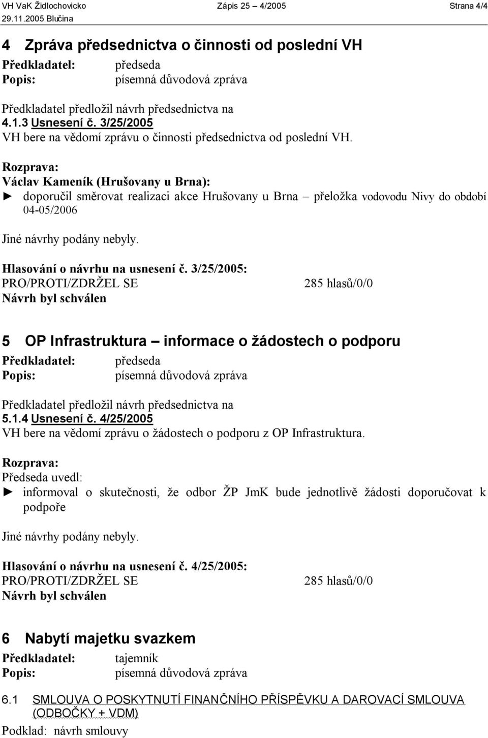 Václav Kameník (Hrušovany u Brna): doporučil směrovat realizaci akce Hrušovany u Brna přeložka vodovodu Nivy do období 04-05/2006 Hlasování o návrhu na usnesení č.