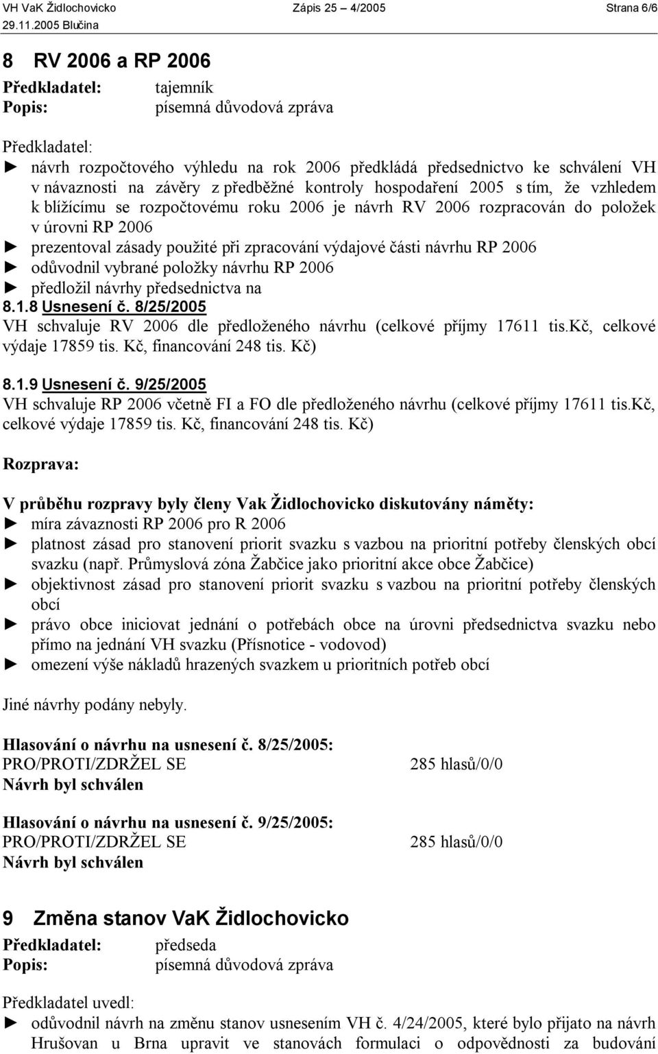 zpracování výdajové části návrhu RP 2006 odůvodnil vybrané položky návrhu RP 2006 předložil návrhy předsednictva na 8.1.8 Usnesení č.