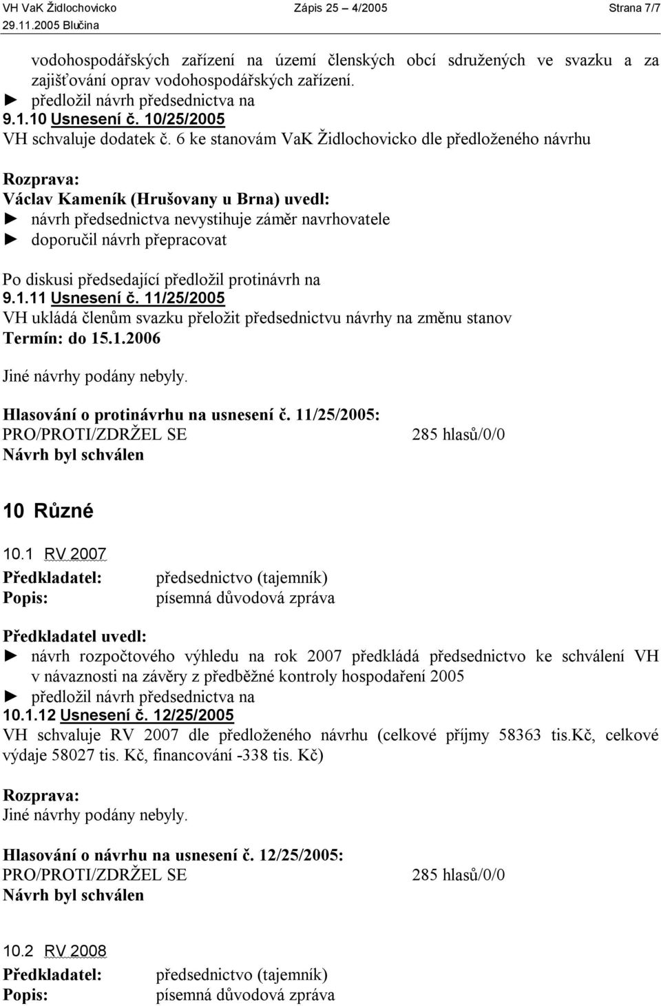 6 ke stanovám VaK Židlochovicko dle předloženého návrhu Václav Kameník (Hrušovany u Brna) uvedl: návrh předsednictva nevystihuje záměr navrhovatele doporučil návrh přepracovat Po diskusi předsedající