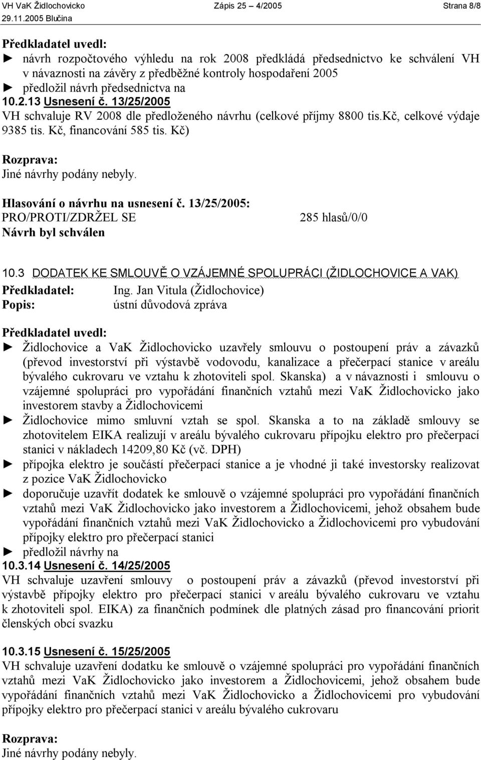 Kč) Hlasování o návrhu na usnesení č. 13/25/2005: 10.3 DODATEK KE SMLOUVĚ O VZÁJEMNÉ SPOLUPRÁCI (ŽIDLOCHOVICE A VAK) Předkladatel: Ing.