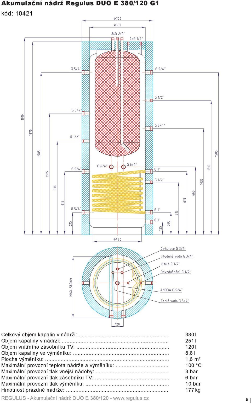 .. 8,8 l Plocha výměníku:... 1,6 m 2 Maximální provozní teplota nádrže a výměníku:.