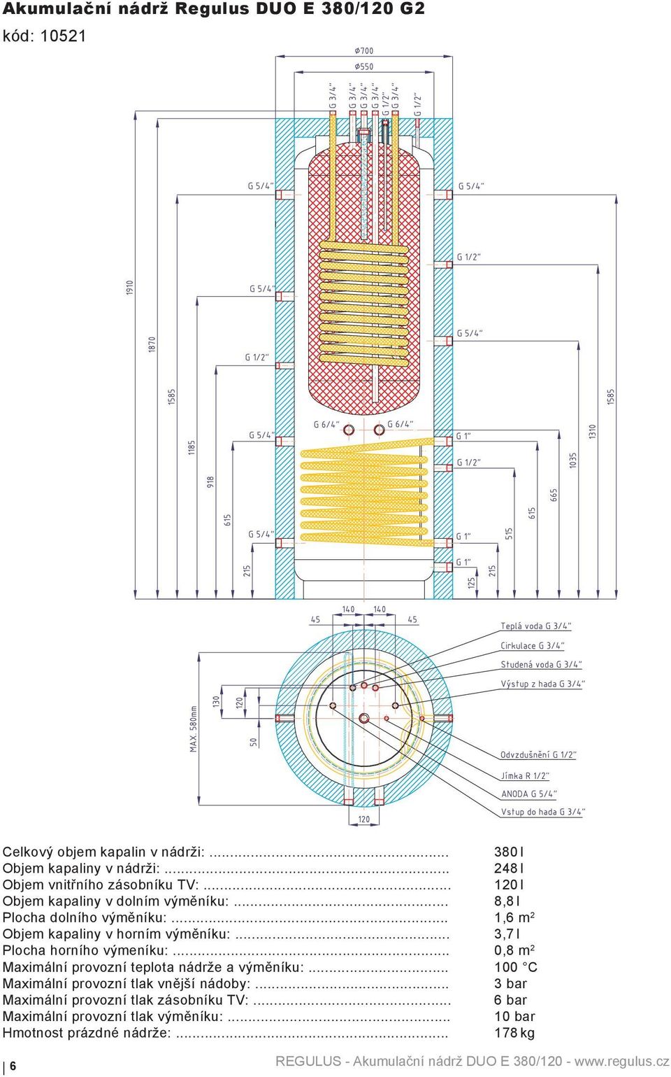 .. 1,6 m 2 Objem kapaliny v horním výměníku:... 3,7 l Plocha horního výmeníku:... 0,8 m 2 Maximální provozní teplota nádrže a výměníku:.