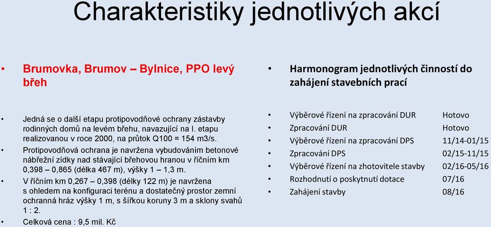 Protipovodňová ochrana je navržena vybudováním betonové nábřežní zídky nad stávající břehovou hranou v říčním km 0,398 0,865 (délka 467 m), výšky 1 1,3 m.