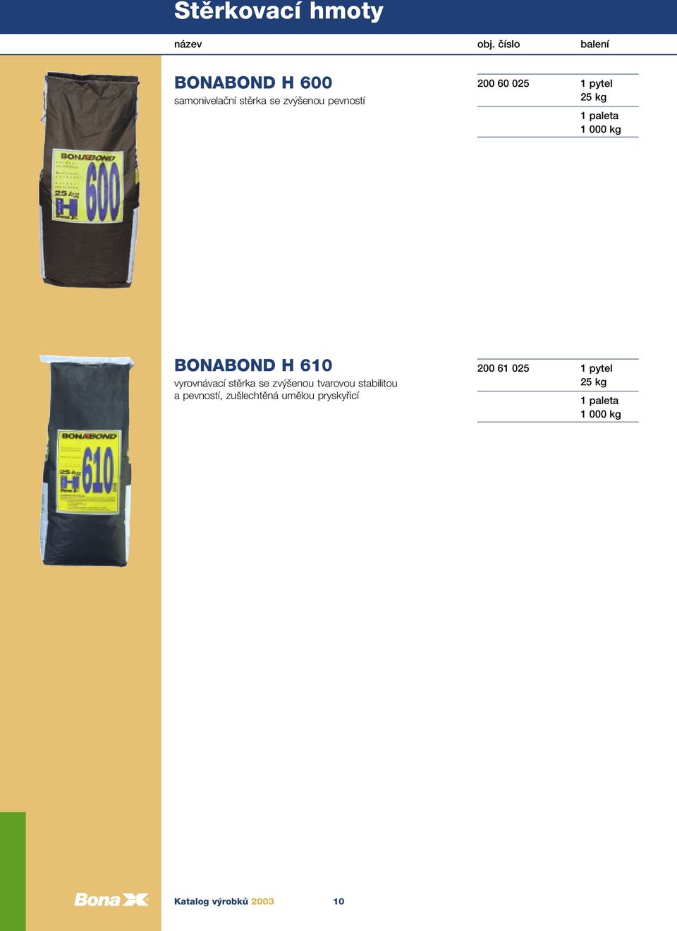 025 1 pytel 25 kg 1 paleta 1 000 kg BONABOND H 610 vyrovnávací stěrka se