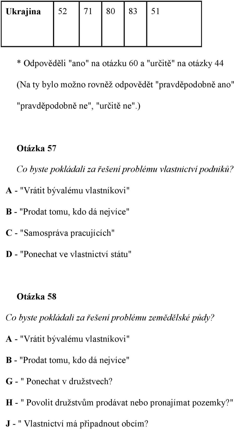 A - "Vrátit bývalému vlastníkovi" B - "Prodat tomu, kdo dá nejvíce" C - "Samospráva pracujících" D - "Ponechat ve vlastnictví státu" Otázka 58 Co byste