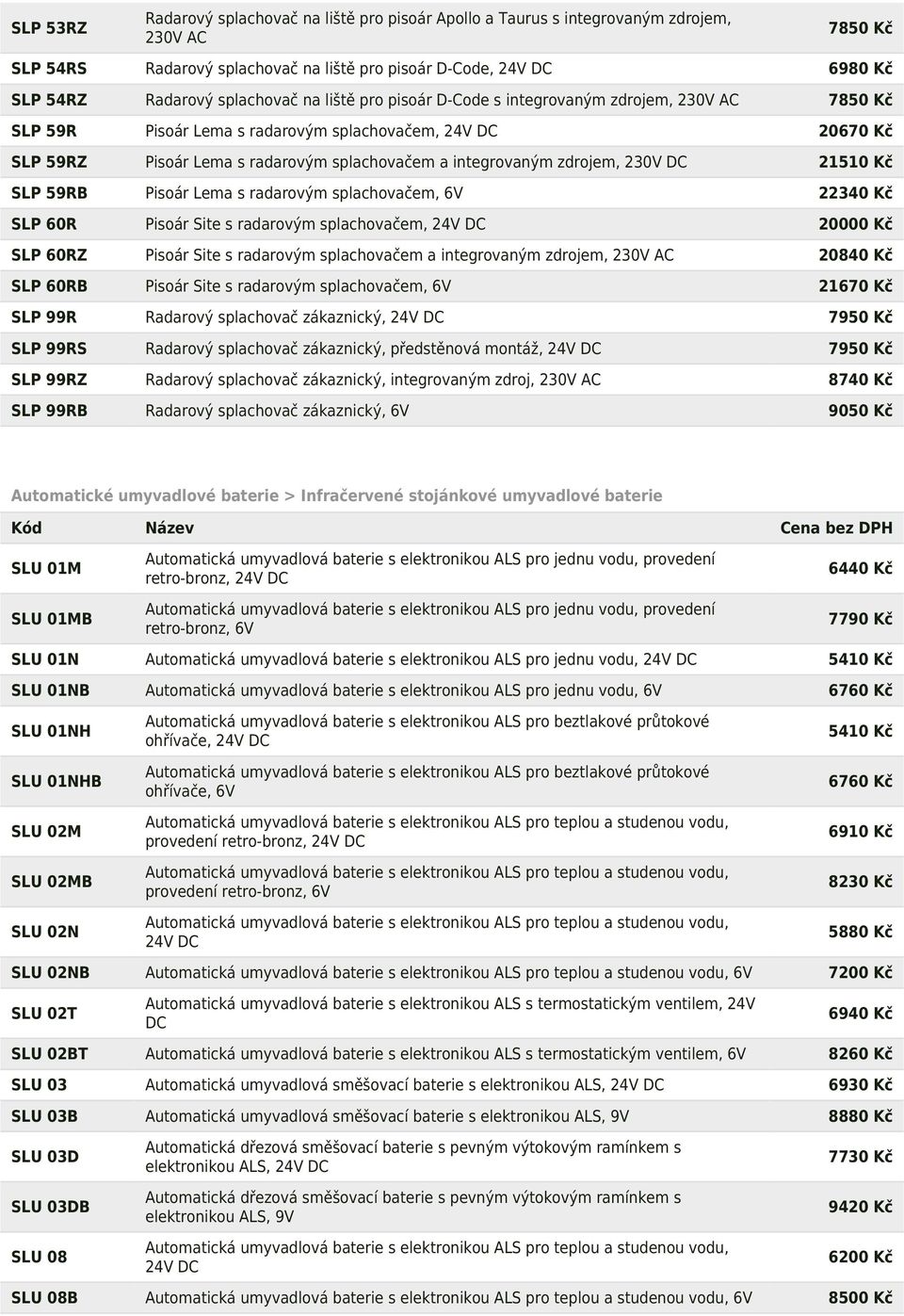 integrovaným zdrojem, 230V DC 21510 Kč SLP 59RB Pisoár Lema s radarovým splachovačem, 6V 22340 Kč SLP 60R Pisoár Site s radarovým splachovačem, 24V DC 20000 Kč SLP 60RZ Pisoár Site s radarovým