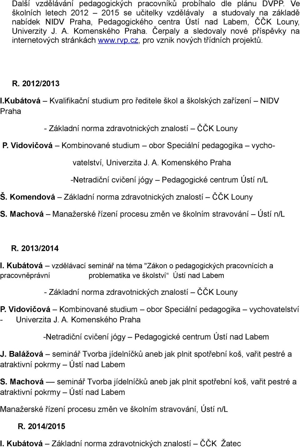 Čerpaly a sledovaly nové příspěvky na internetových stránkách www.rvp.cz, pro vznik nových třídních projektů. R. 2012/2013 I.
