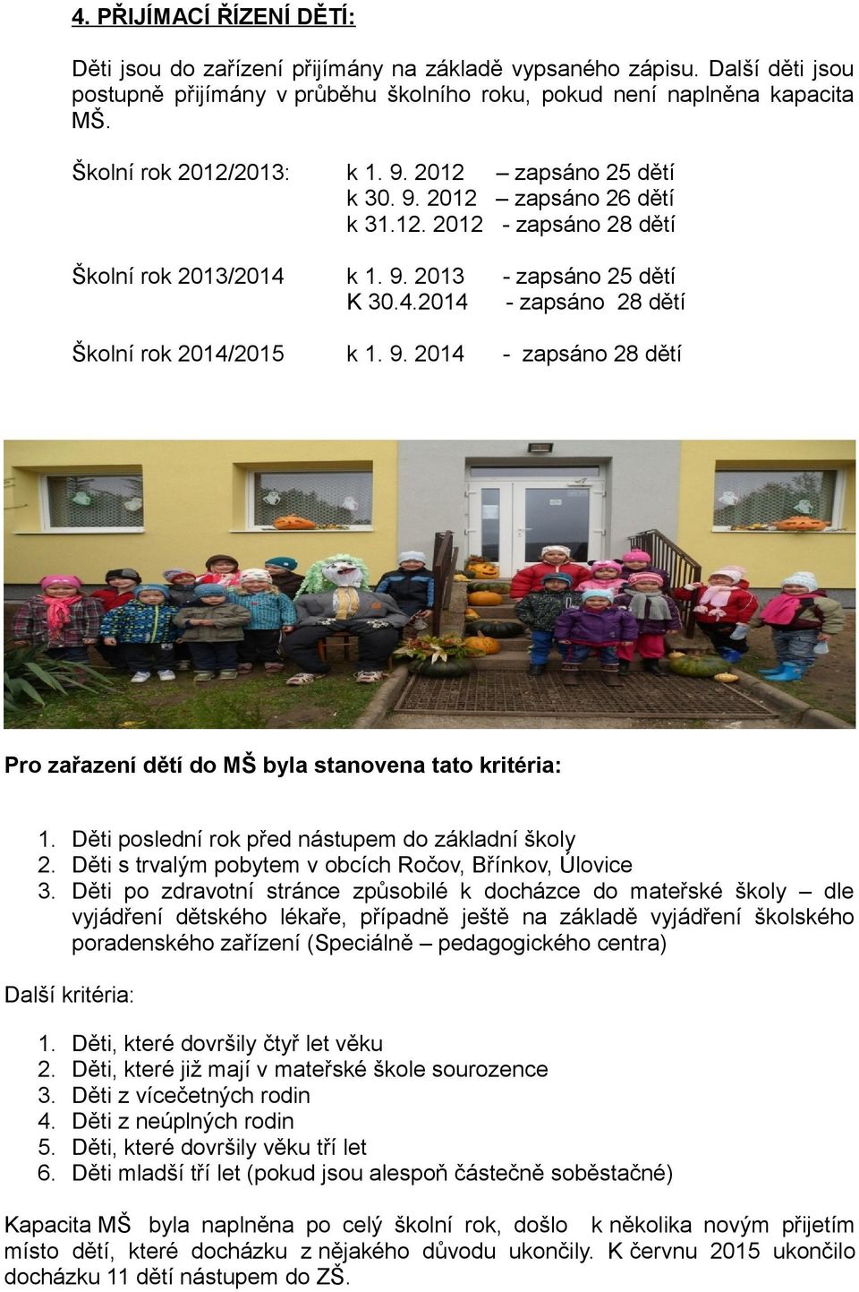 9. 2014 - zapsáno 28 dětí Pro zařazení dětí do MŠ byla stanovena tato kritéria: 1. Děti poslední rok před nástupem do základní školy 2. Děti s trvalým pobytem v obcích Ročov, Břínkov, Úlovice 3.