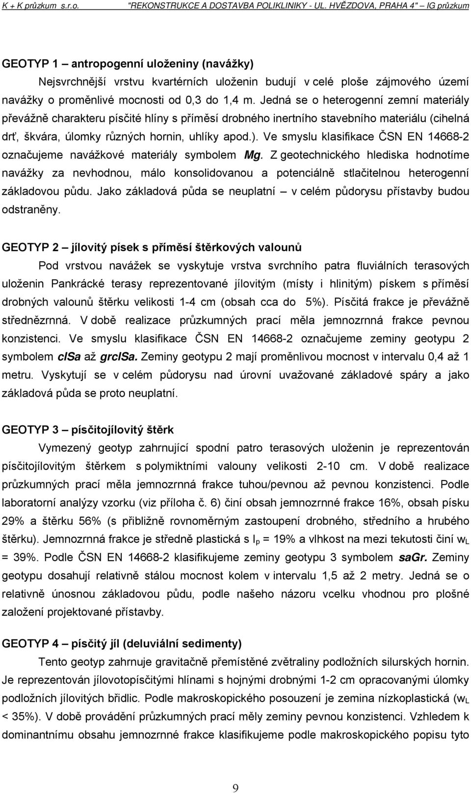 Jedná se o heterogenní zemní materiály převážně charakteru písčité hlíny s příměsí drobného inertního stavebního materiálu (cihelná drť, škvára, úlomky různých hornin, uhlíky apod.).