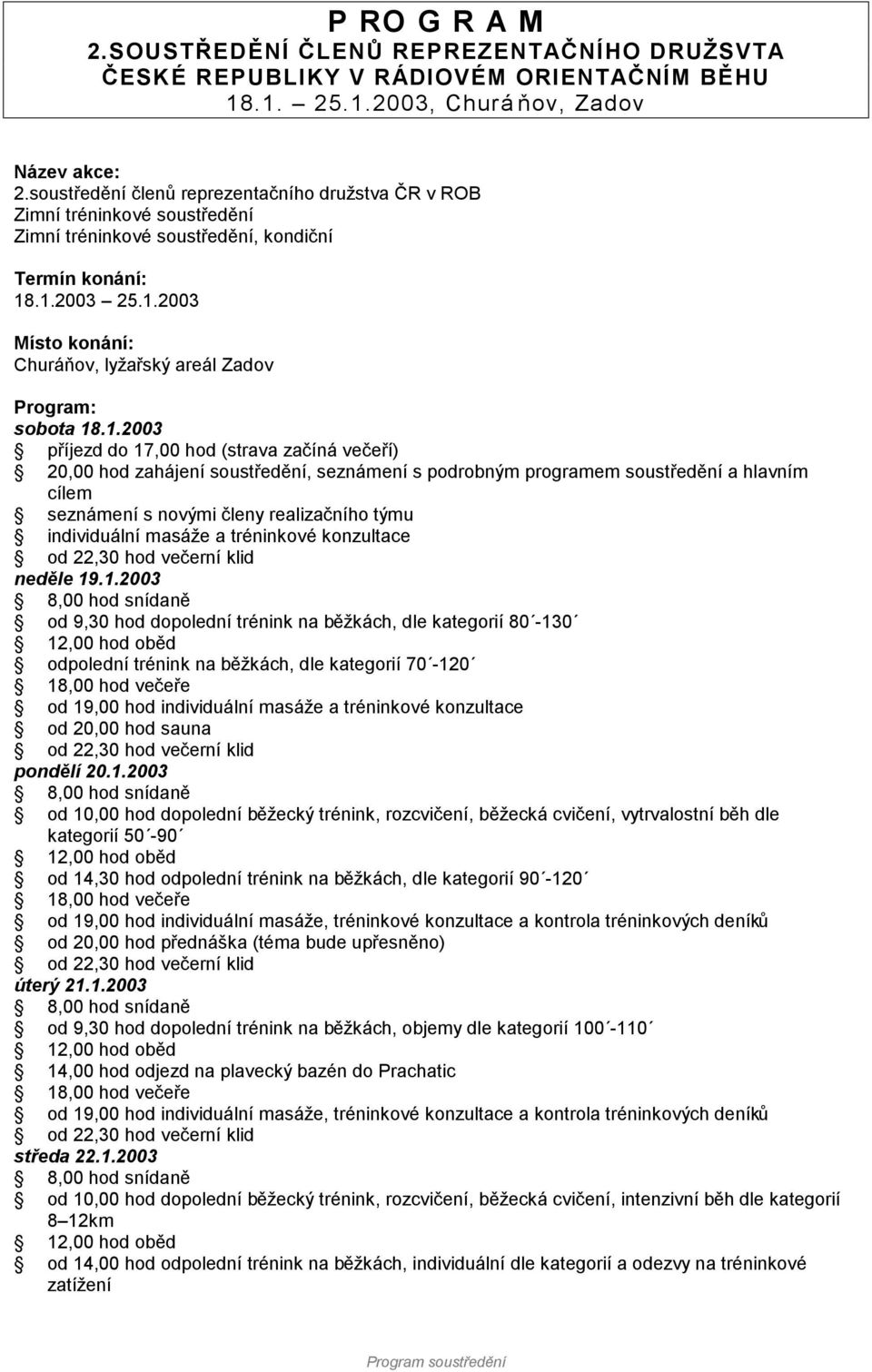 soustředění a hlavním cílem seznámení s novými členy realizačního týmu individuální masáže a tréninkové konzultace neděle 19