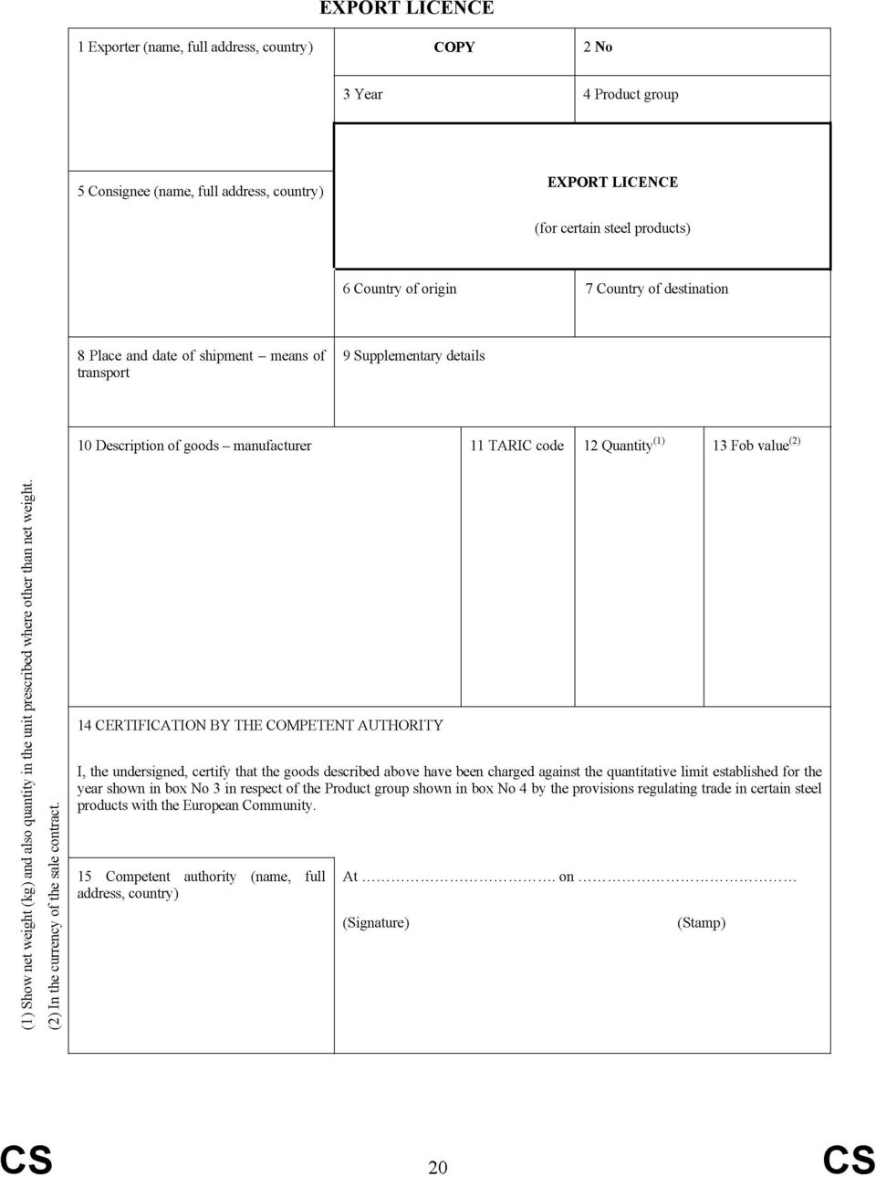 THE COMPETENT AUTHORITY I, the undersigned, certify that the goods described above have been charged against the quantitative limit established for the year shown in box No 3 in respect of the