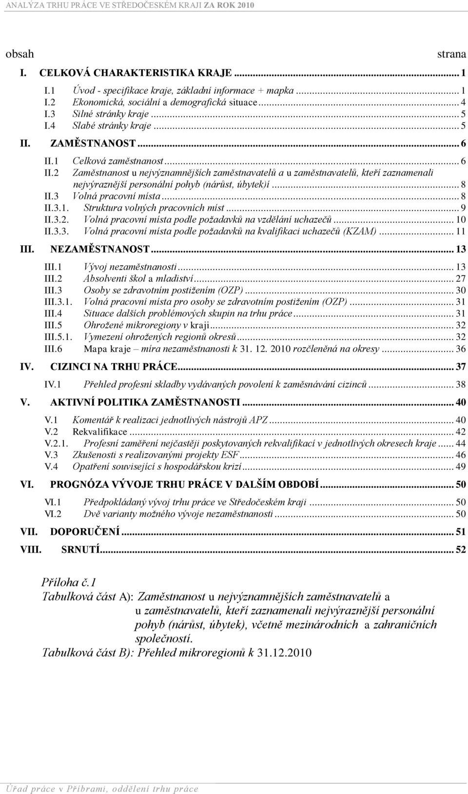 .. 8 II.3 Volná pracovní místa... 8 II.3.1. Struktura volných pracovních míst... 9 II.3.2. Volná pracovní místa podle požadavků na vzdělání uchazečů... 10 II.3.3. Volná pracovní místa podle požadavků na kvalifikaci uchazečů (KZAM).
