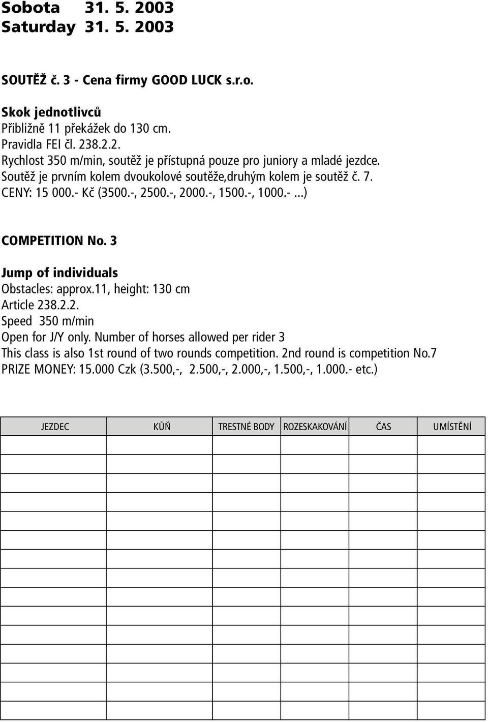 3 Jump of individuals Obstacles: approx.11, height: 130 cm Article 238.2.2. Speed 350 m/min Open for J/Y only.