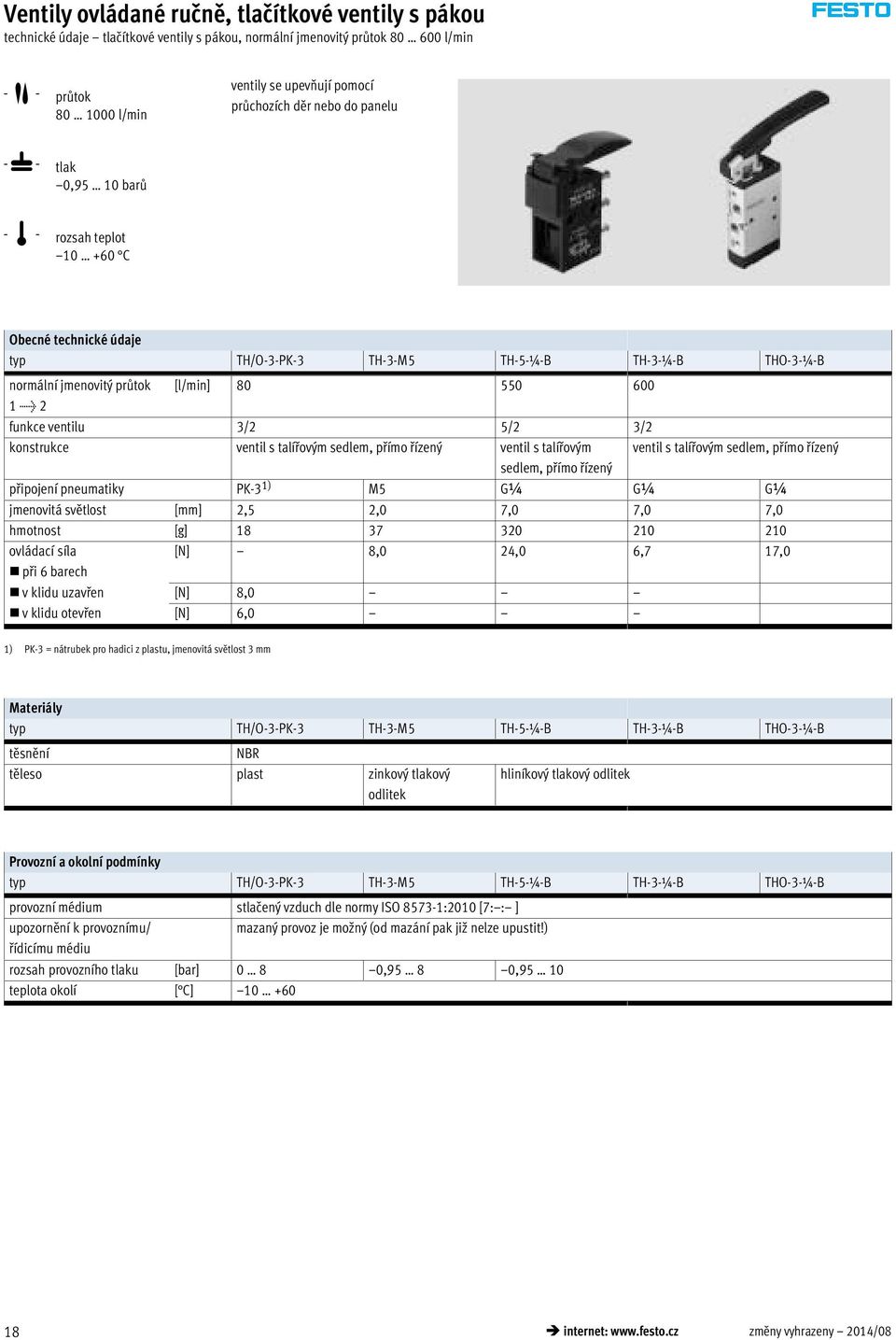 ventilu 3/2 5/2 3/2 konstrukce ventil s talířovým sedlem, přímo řízený ventil s talířovým ventil s talířovým sedlem, přímo řízený sedlem, přímo řízený připojení pneumatiky PK-3 1) M5 G¼ G¼ G¼