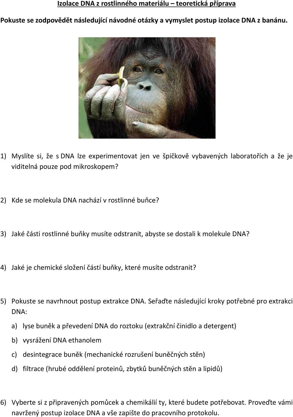3) Jaké části rostlinné buňky musíte odstranit, abyste se dostali k molekule DNA? 4) Jaké je chemické složení částí buňky, které musíte odstranit? 5) Pokuste se navrhnout postup extrakce DNA.