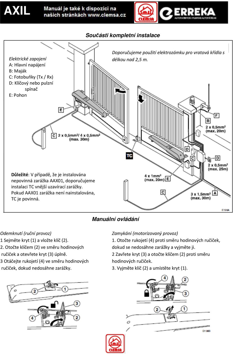 instalaci TC vnější uzavírací zarážky. Pokud AAX01 zarážka není nainstalována, TC je povinná. Manuální ovládání Odemknutí (ruční provoz) 1 Sejměte kryt (1) a vložte klíč (2). 2.