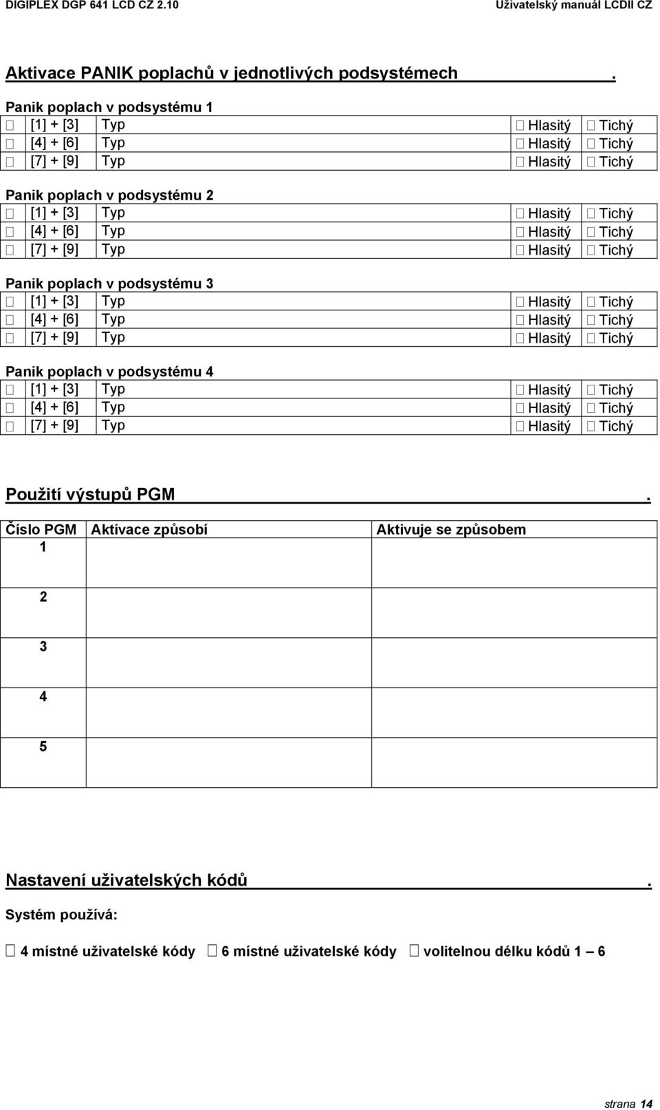 Typ Hlasitý Tichý [7] + [9] Typ Hlasitý Tichý Panik poplach v podsystému 3 [1] + [3] Typ Hlasitý Tichý [4] + [6] Typ Hlasitý Tichý [7] + [9] Typ Hlasitý Tichý Panik poplach v