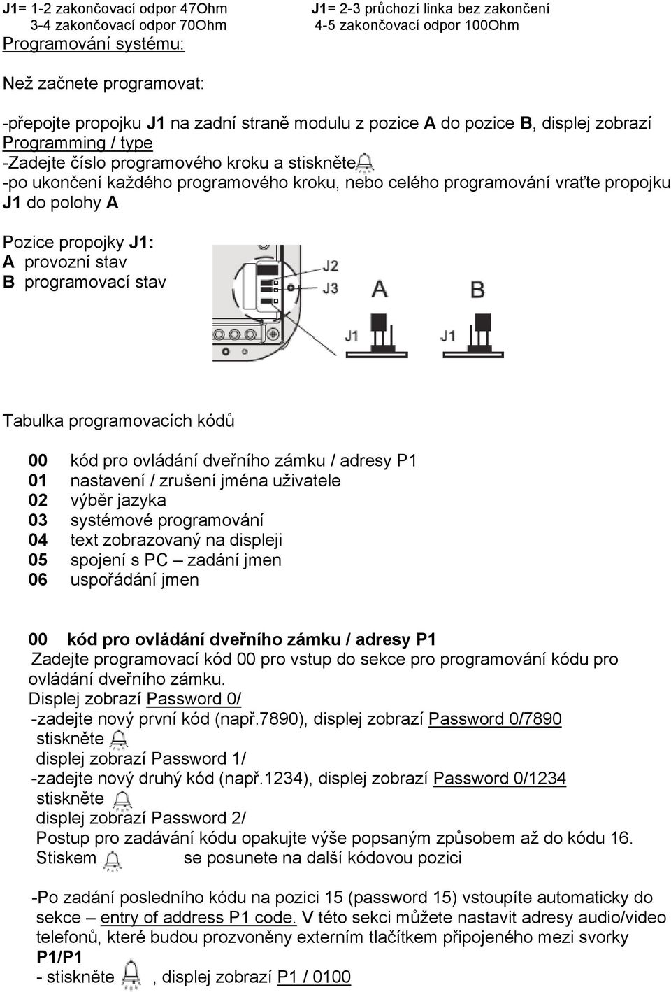 propojku J1 do polohy A Pozice propojky J1: A provozní stav B programovací stav Tabulka programovacích kódů 00 kód pro ovládání dveřního zámku / adresy P1 01 nastavení / zrušení jména uživatele 02