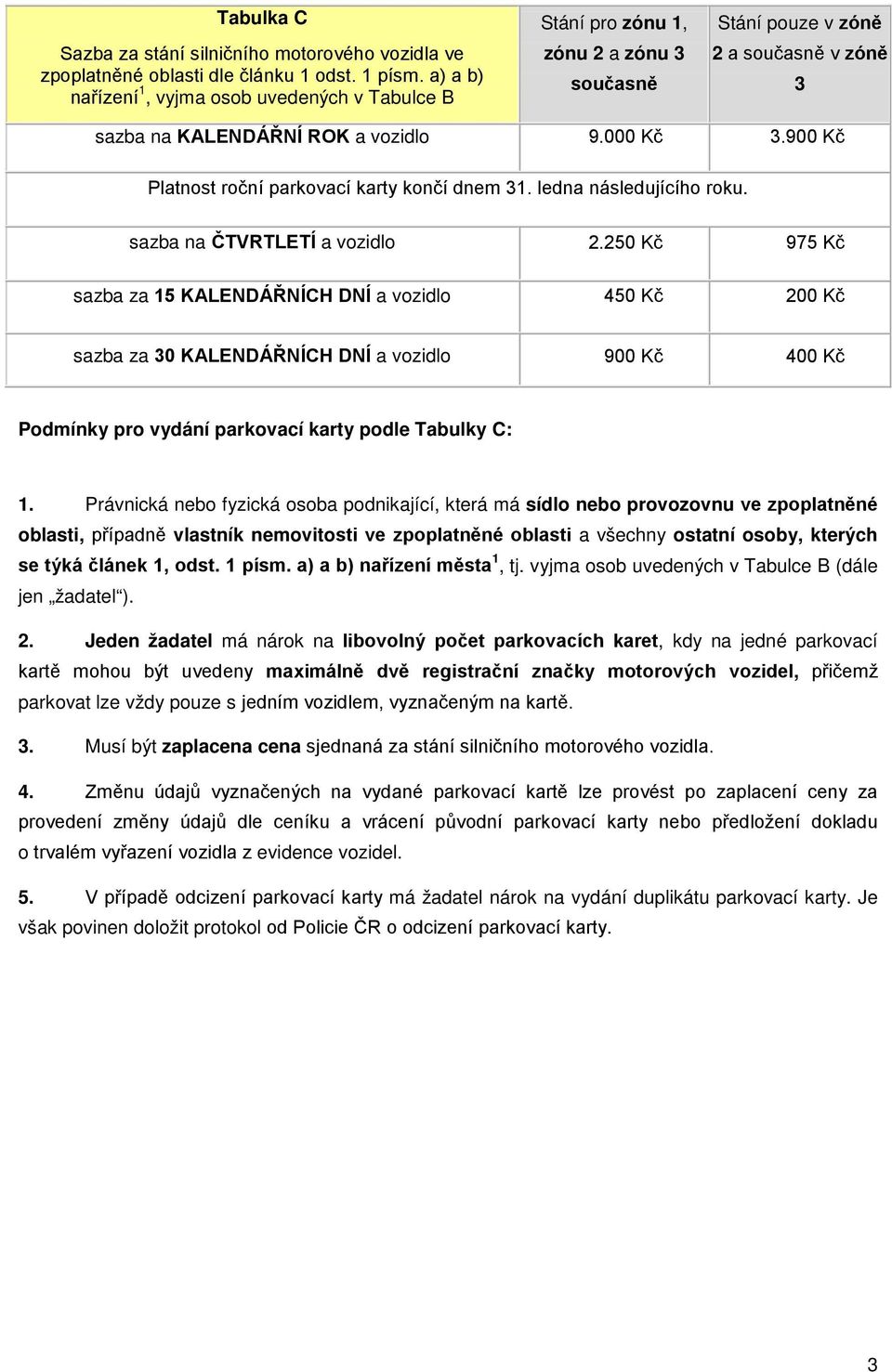 900 Kč Platnost roční parkovací karty končí dnem 31. ledna následujícího roku. sazba na ČTVRTLETÍ a vozidlo 2.